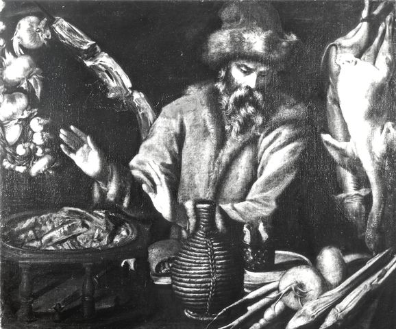 Anonimo — Anonimo lombardo - sec. XVII - Vecchio con braciere, carne, fiasco, rape e polli spennati — insieme